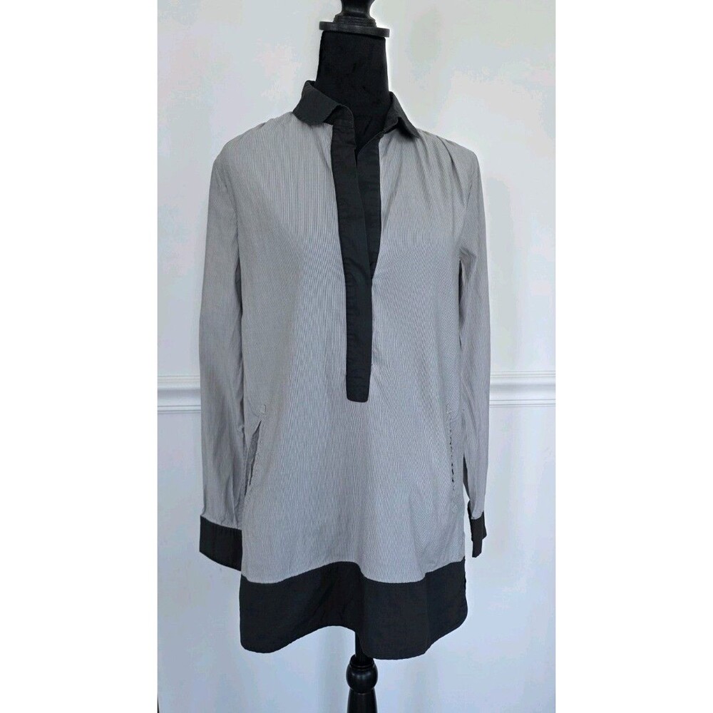 J.Crew XS Black White Pinstripe Tunic Top 100% Cotton Long Sleeve Popover Shirt